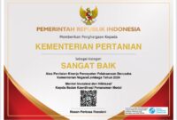 Kementerian Pertanian meraih penghargaan Sangat Baik dari Pemerintah RI melalui Kementerian Investasi dan Hilirisasi. (Dok. Kementan)